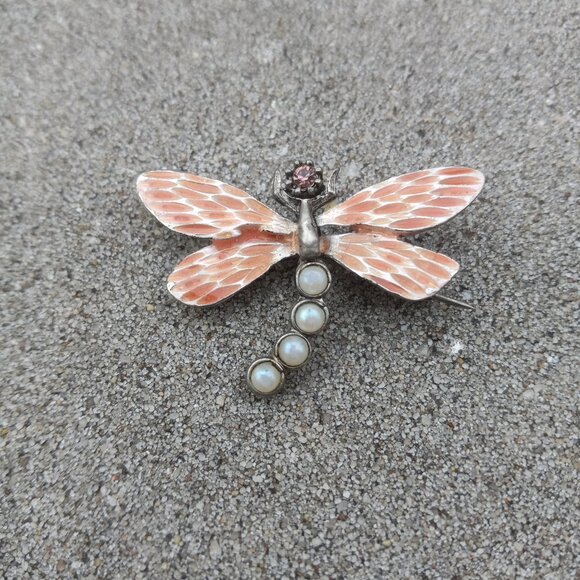 Gerard Yosca Brooch Figural Vintage Enamel Dragonfly in Silver, Orange + White - Picture 6 of 14
